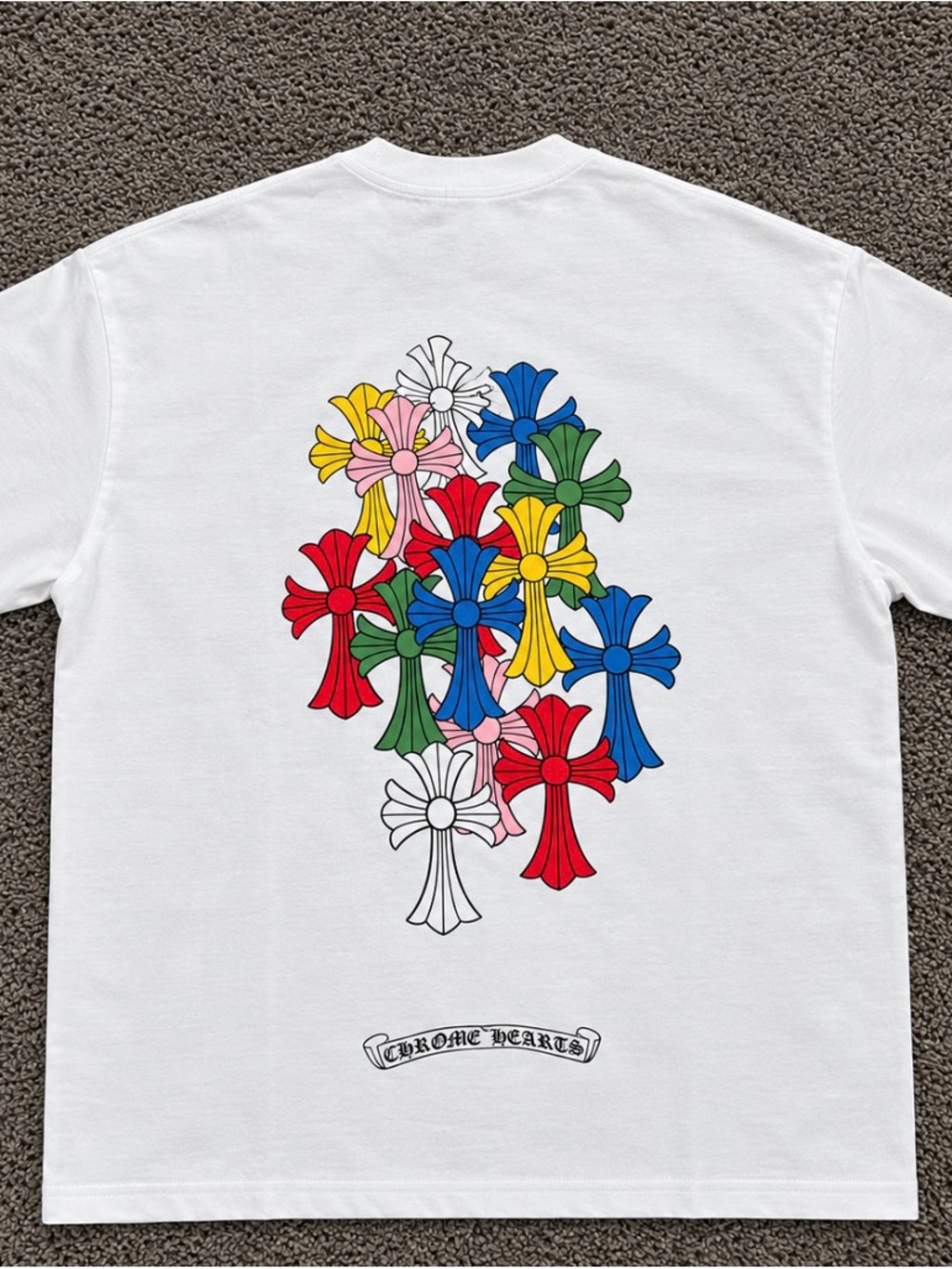 Comme des Garcons White Short-Sleeve Tee with Multi-Color Cross Flower Graphic